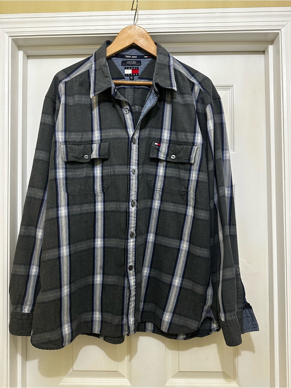 Vintage Tommy Jeans Plaid Flannel Shirt XXL Gray Blue 90s Y2K